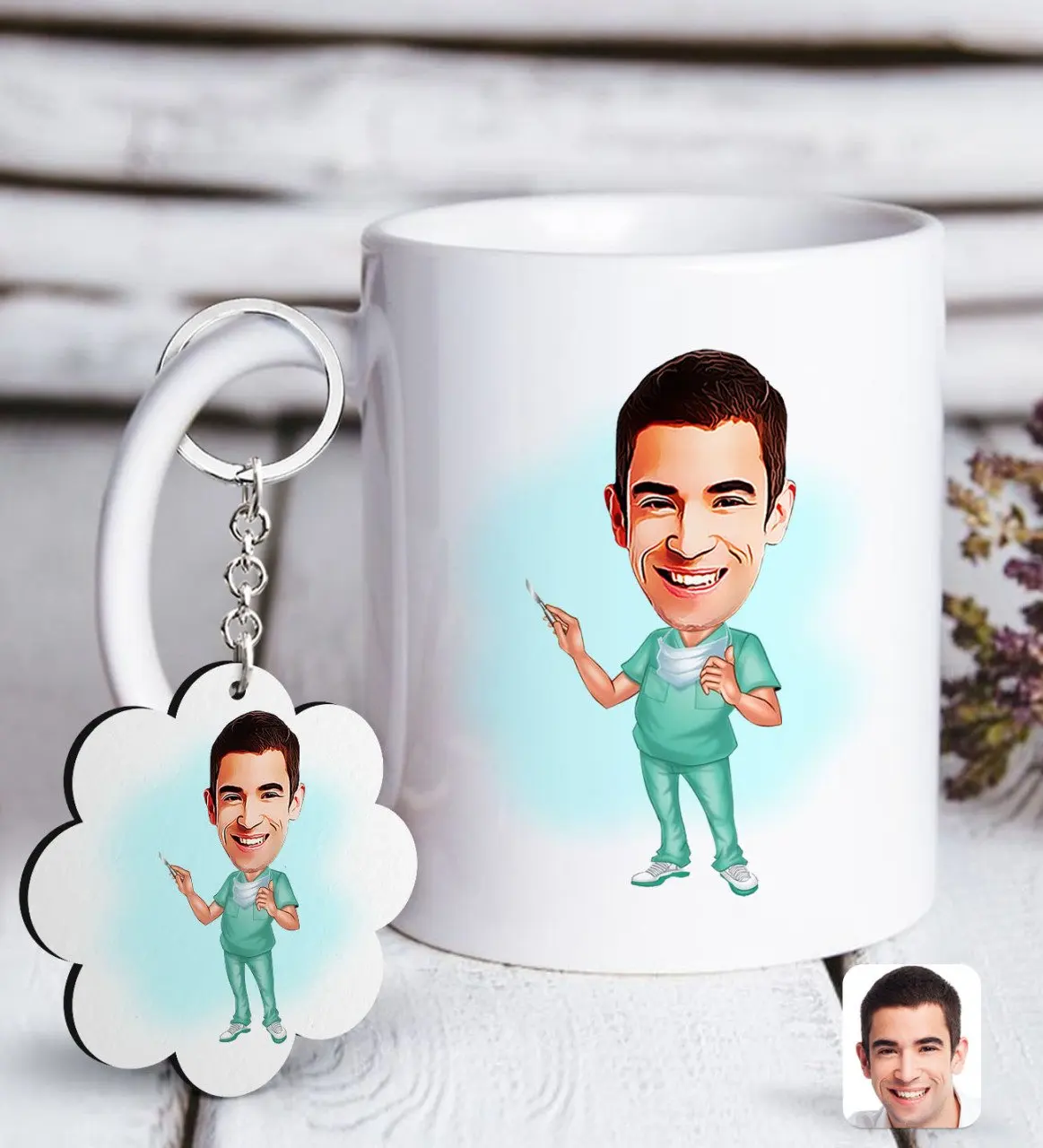 

Personalized Men 'S Cerrah Caricature Of White mug And Keychain Gift Seti-1