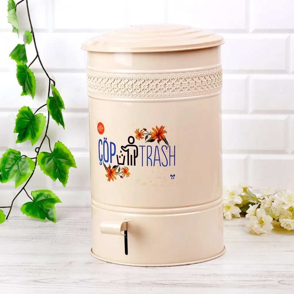 

Flip Step Trash Can Rubbish Waste Container Organizer Bathroom Kitchen Home Decoration Office Garbage Bin Metal Floral 16L