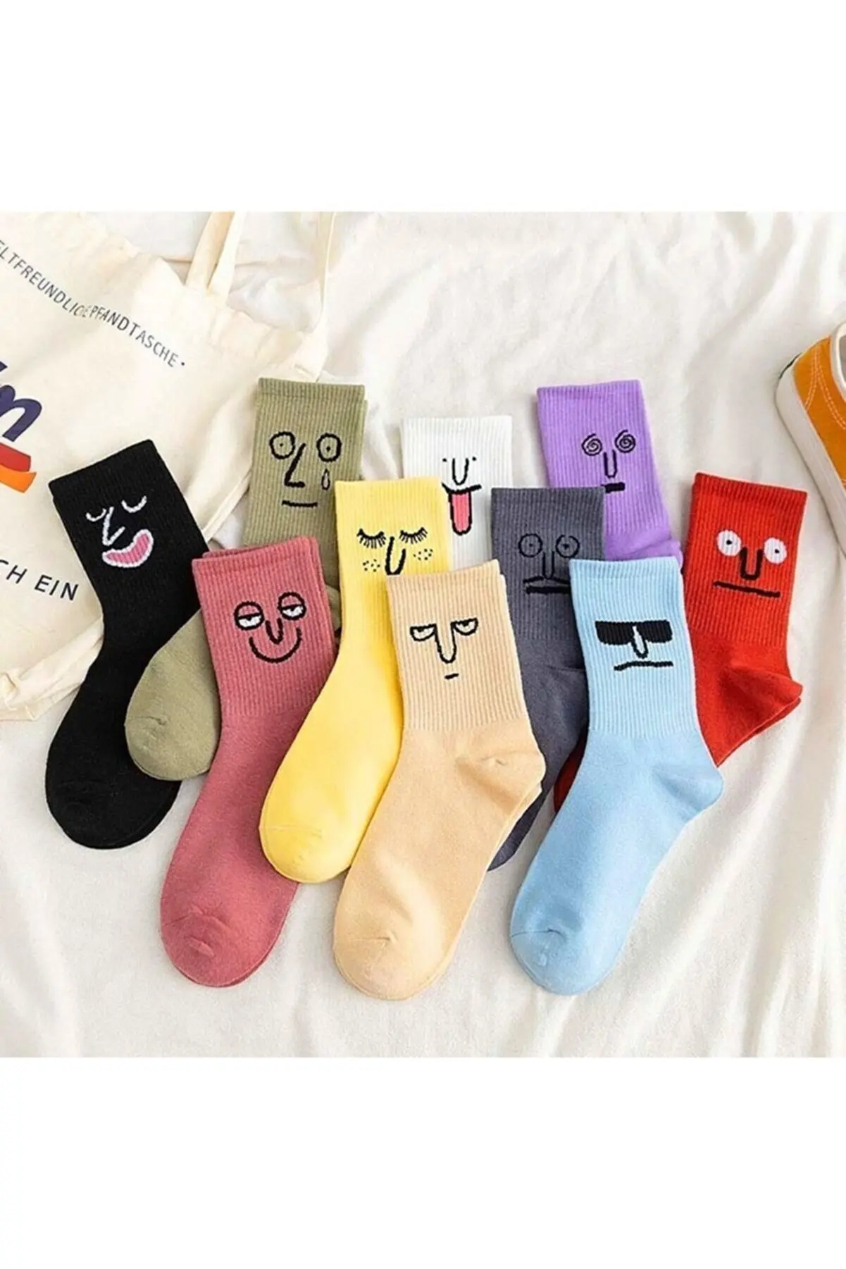 Unisex Colored Face Patterned Tennis Socks 10 Pcs