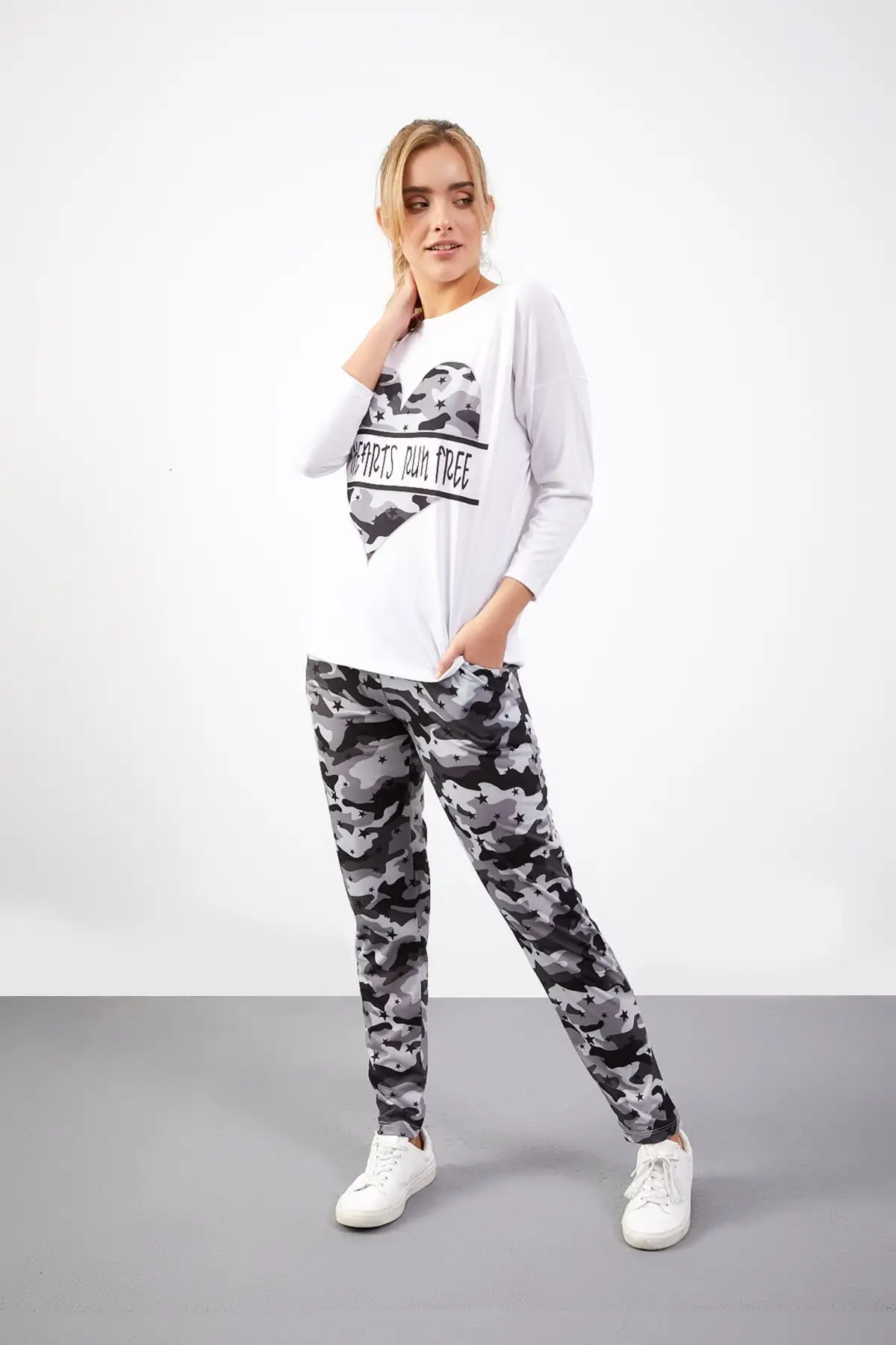 YENİ SEZON 2021  Kadın Gri Beyaz Yeni Model Kamuflaj Desen Ikili Takım