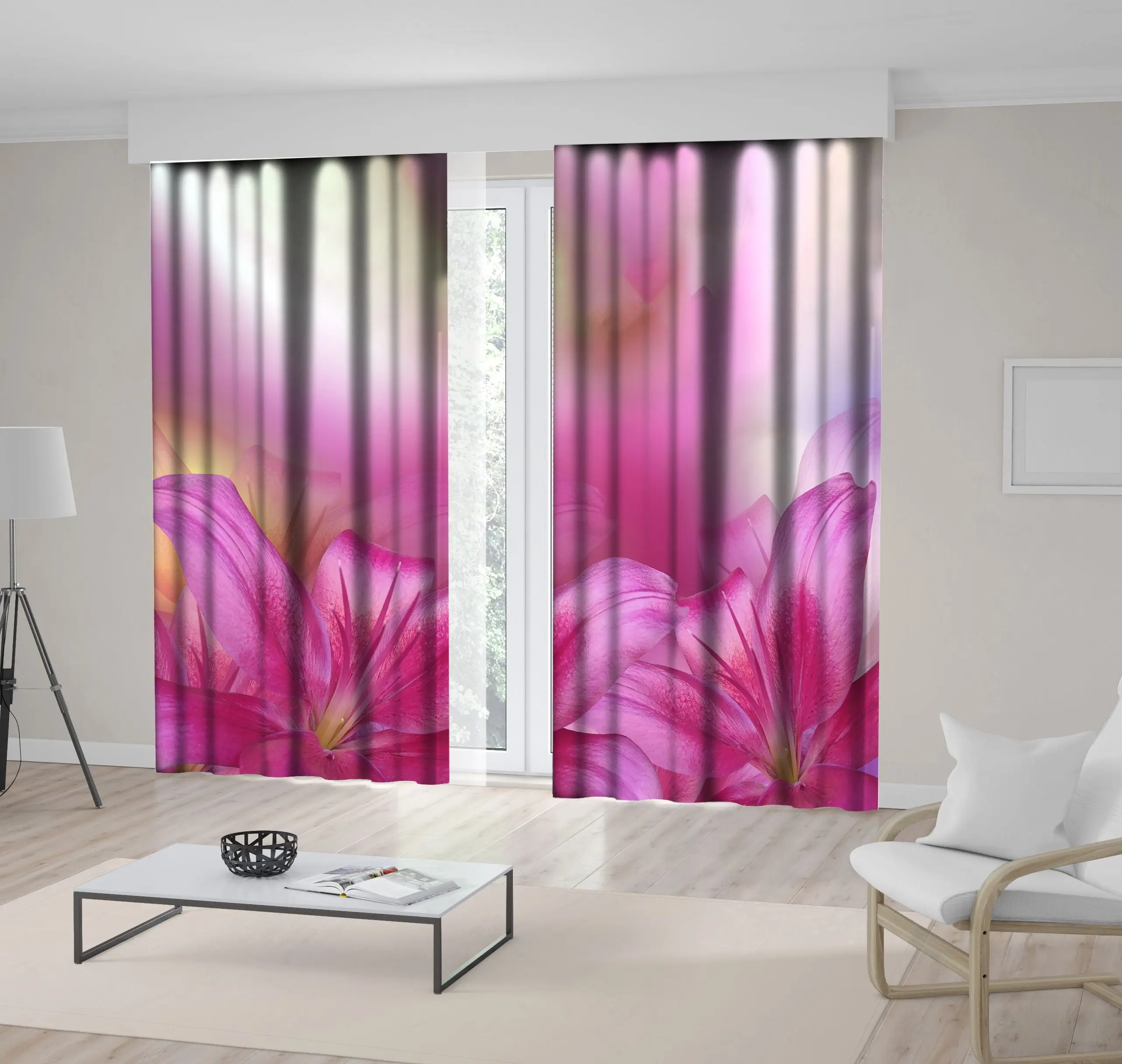 

Curtain Lilies Flowers Bouquet on Becomes Blurred Background Nature Blooms Decorating Artwork Printed Pink Yellow