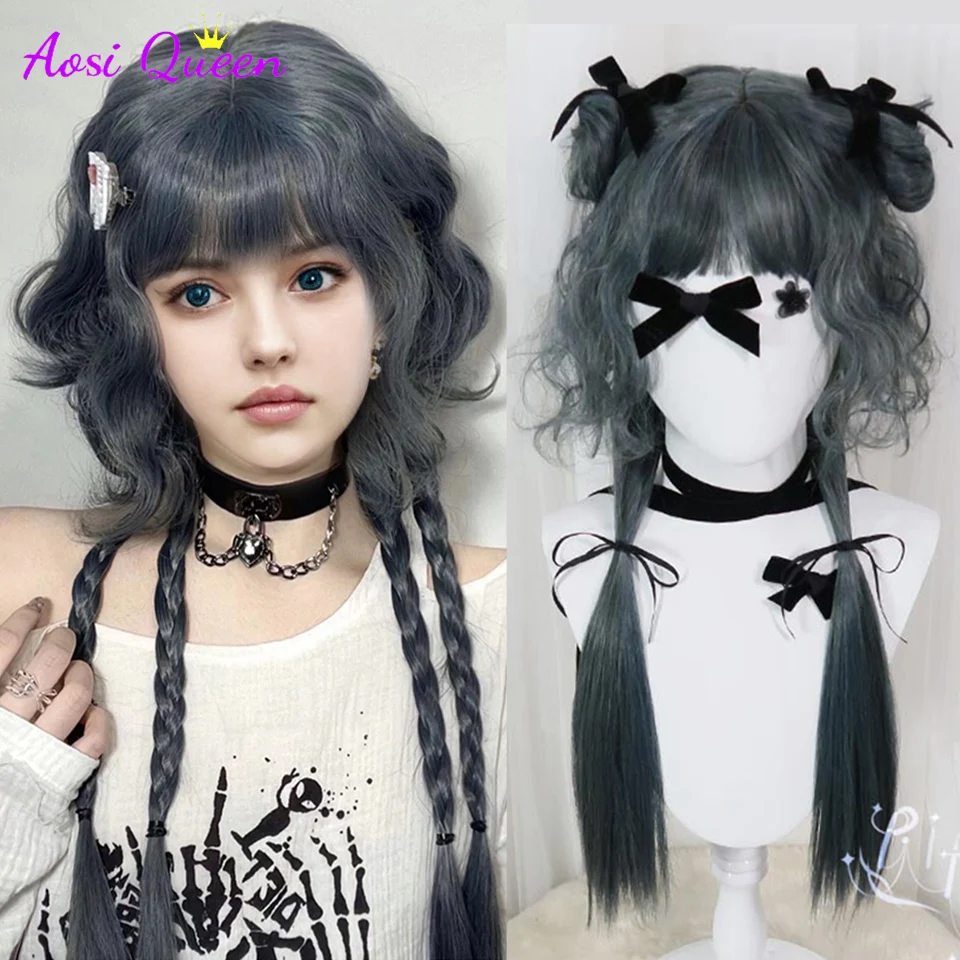 

AS Long Wavy Curly Ink-blue colour Hair Highlights Synthetic Blend Wigs With Fluffy Bangs For Women's Daily Wear Four Season