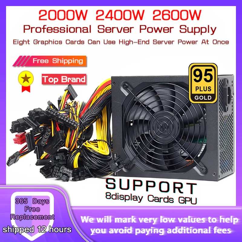 

2000W 2400W 2600W 180V-260V ATX ETH Bitcoin Mining Power Supply 95% Efficiency Support 8 Display Cards GPU For BTC Bitcoin Miner