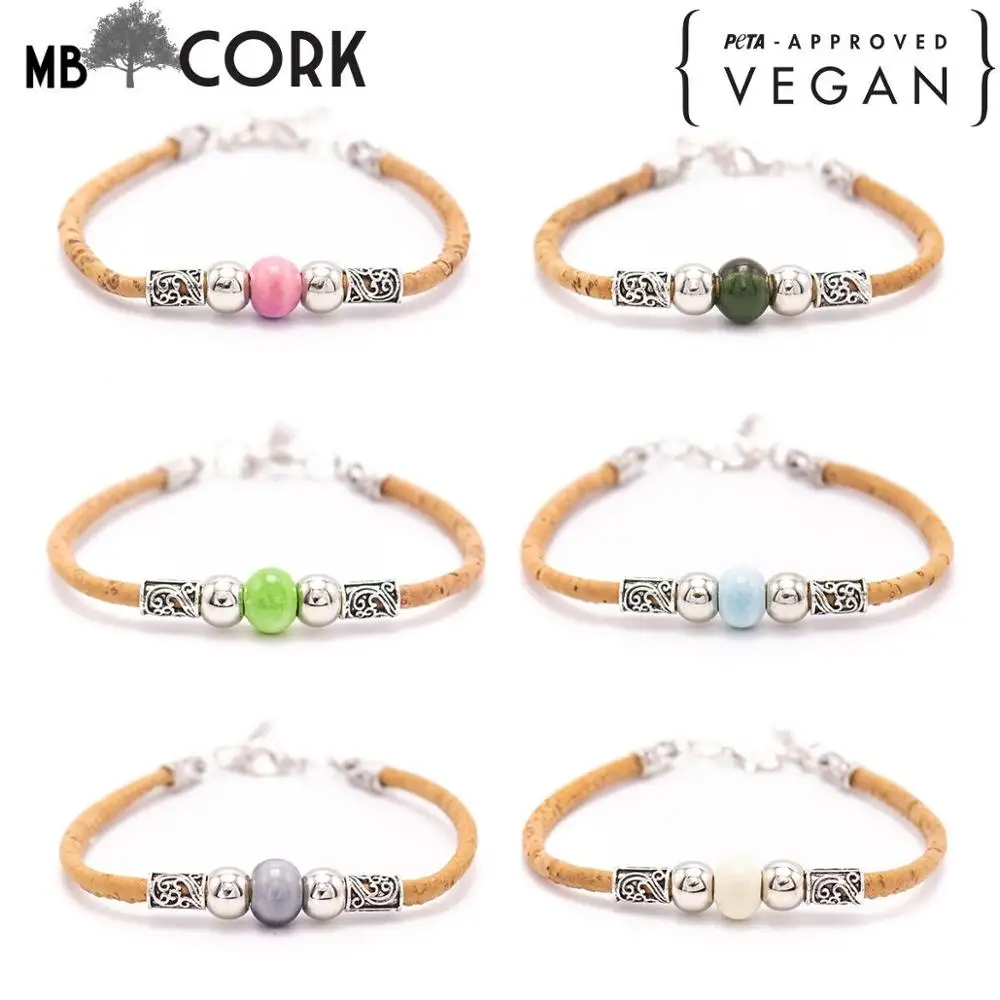 Женский браслет ручной работы из натуральной пробки с бусинами в форме цветка |