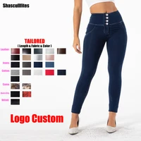 Shascullfites Melody Tailored Pants Women Logo Custom Dark Blue High Waist Jeans Button Style Jeggings Women Denim Pants