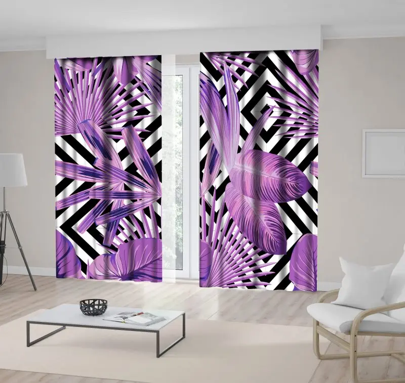 

Curtain Summer Exotic Jungle Plant Tropical Palm Leaves on Geometric Background Art Printed Purple Black White