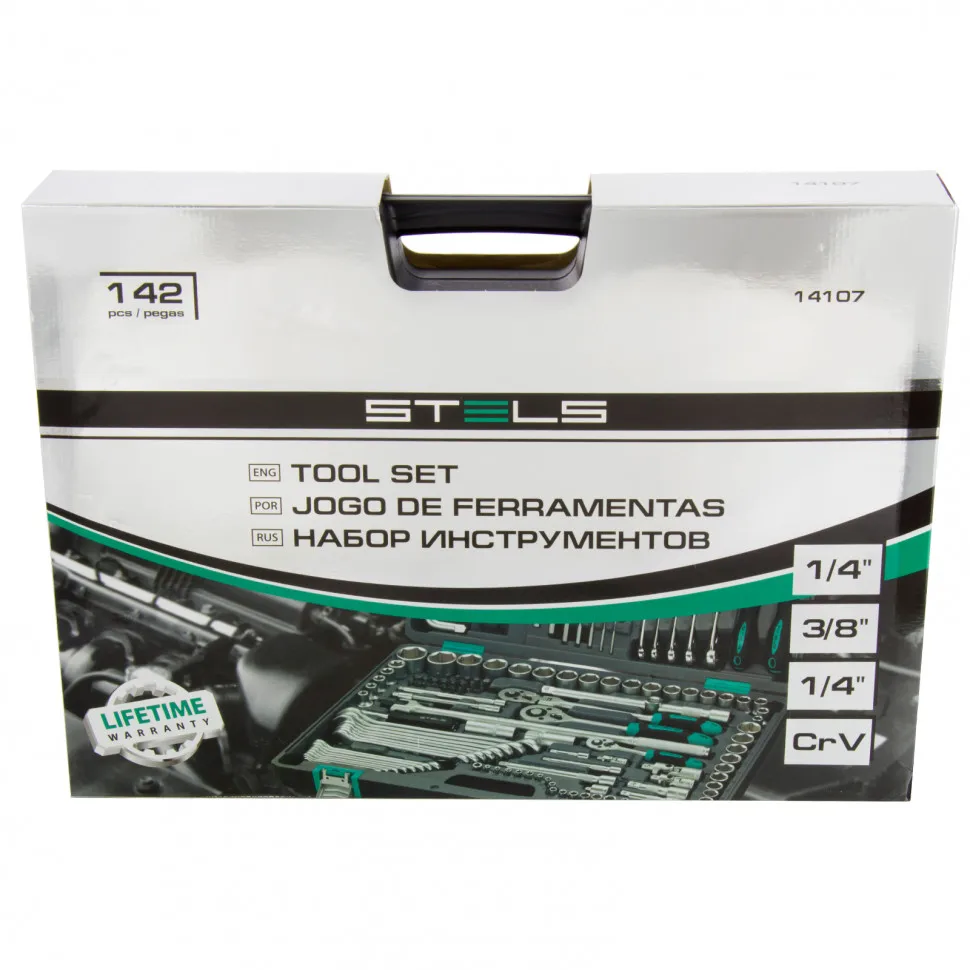 Набор инструментов 1/2 3/8 1/4 CrV пластиковый кейс 142 предмета Stels 14107 | Hand Tool Sets