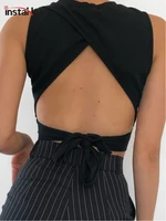 instahot sexy backless women tank top bandage slim crop top summer 2020 casual streetwear tops solid cotton soft criss cross top