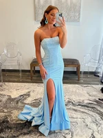 mermaid glitter sexy tight strapless light blue backless prom dress with sequins long luxury evening dress vestidos de noche