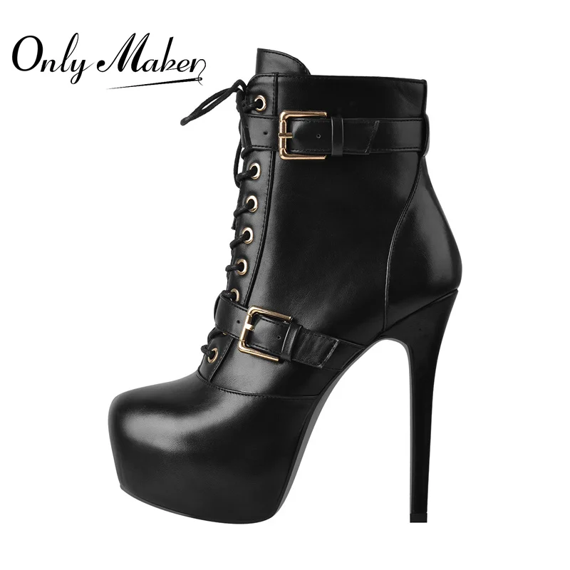 

Onlymaker Women Thin High Heels Pointed Toe Lace Up Platform Ankle Booties For Women Buckle Matte Black Shoes Side Zipper