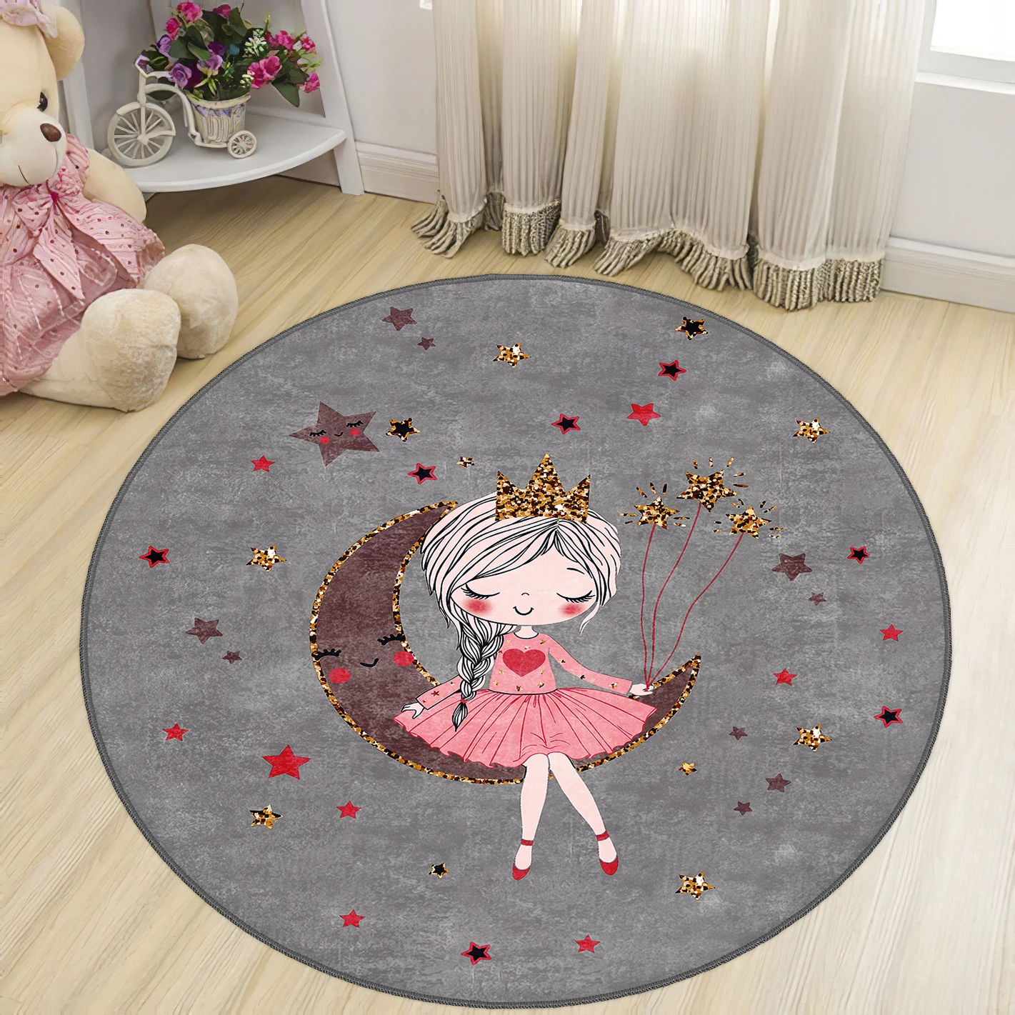 

Gray Round Kids Room Rug clock numbers girl heart educational carpet