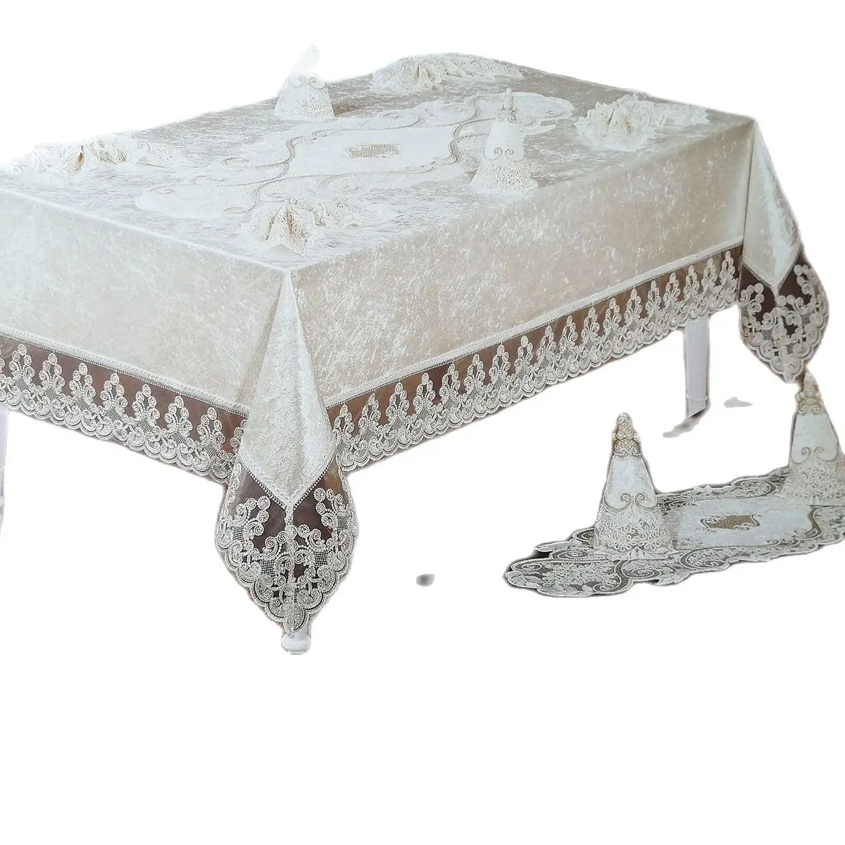 

Mircan Velvet Fabric French Guipure 27 Piece Dinner Set Luxury Table Cloth Party Special Day Home Decor Hotel Wedding Organizati