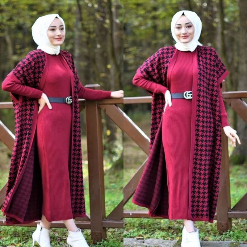 

2 Pieces Women Sets Knitted Dress + Patterned Vest Cardigan Muslim Fashion Double Suit Turkey 2021 Abayas Islamic Clothing Abaya