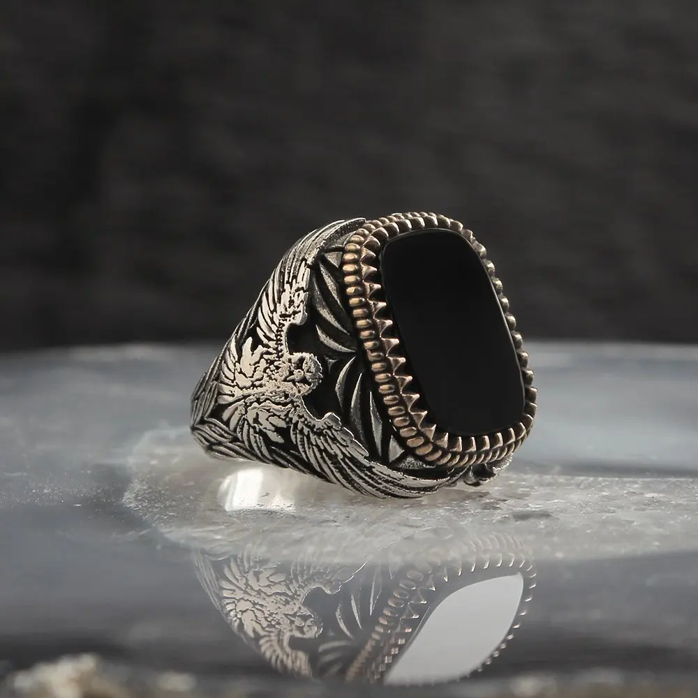 

Gemstone Eagle Ring Real Sterling Silver Ring with Natural Onyx or Agate Stone Silver Women Ring Silver Men Ring Gifts for Women
