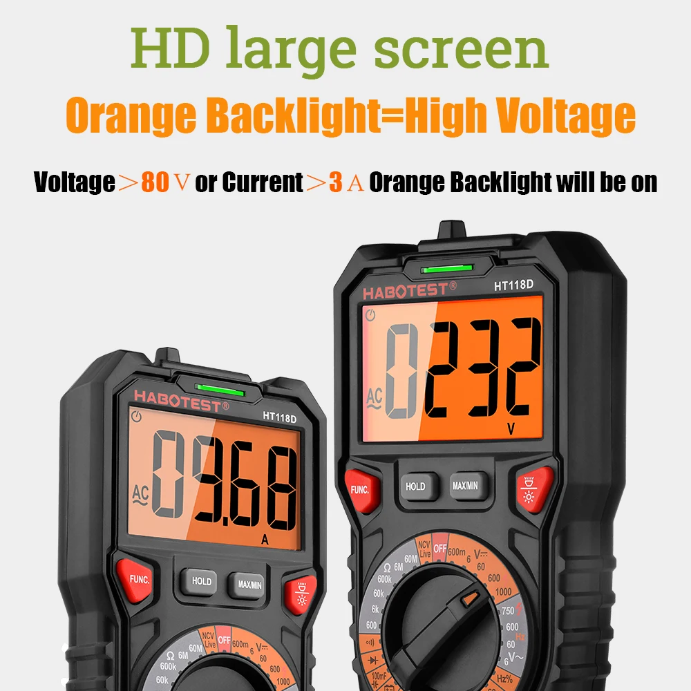 True RMS Digital Multimeter Multifuncion Tester AD/DC Ammeter NCV Voltage Meter 1000V 10A Ohm Frequency Continuity Test HT118
