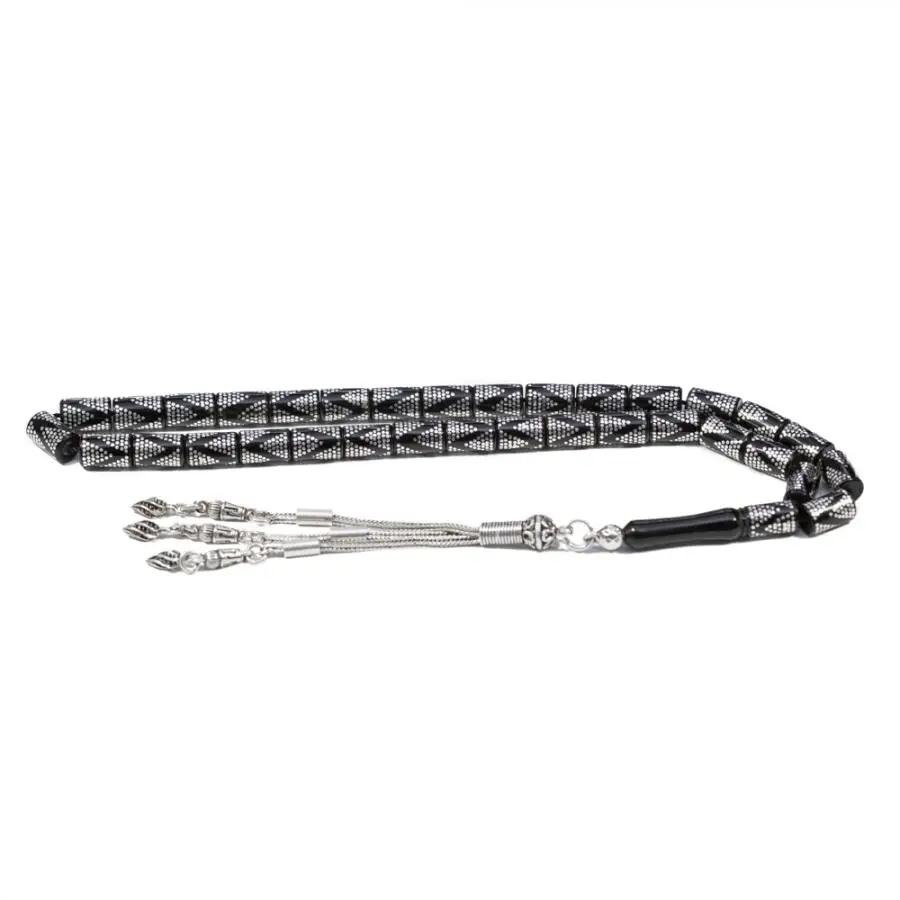 

Cylinder Natural Jet Stone Prayer Bead With Silver Tassel Men Rosary With Silver Inlay Islamic Tasbih 925 Sterling Silver