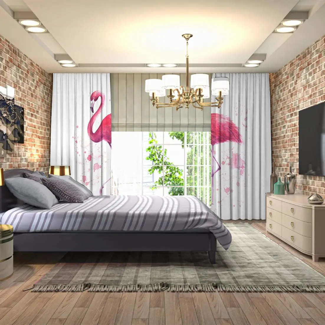 Занавеска тропическая экзотическая птица роза с розовым Фламинго акварельные