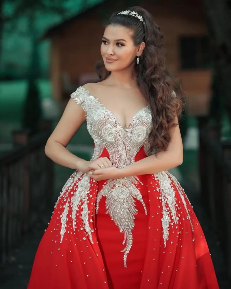 

Formal Red Arabic Engagement Dress Evening Wear Crystal Beaded Off the Shoulder Mermaid Prom Gowns 2021 Sequin robe de soirée