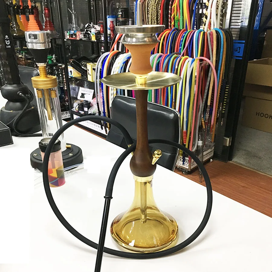 Brown wood hookah yellow glass bottle wood kkah hookah personal use or barware