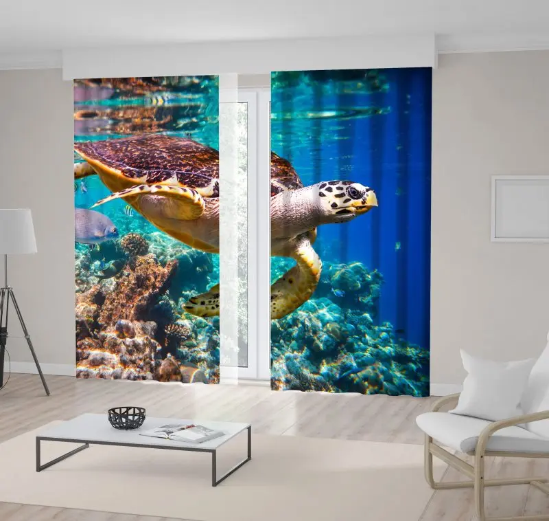 

Curtain Hawksbill Turtle Floats Under Water Coral Reef Maldives Indian Ocean Tropical Undersea Life Photo Blue Brown