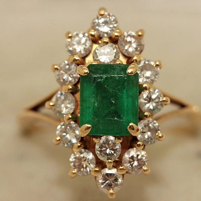baratas 18k Ouro Vintage Esmeralda E Diamante Decorado Anel Bonito