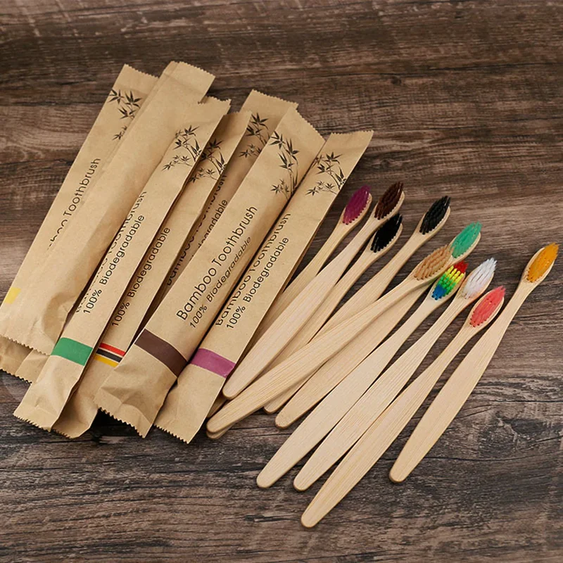 

50 шт., зубная щётка с мягкой щетиной и бамбуковой ручкой