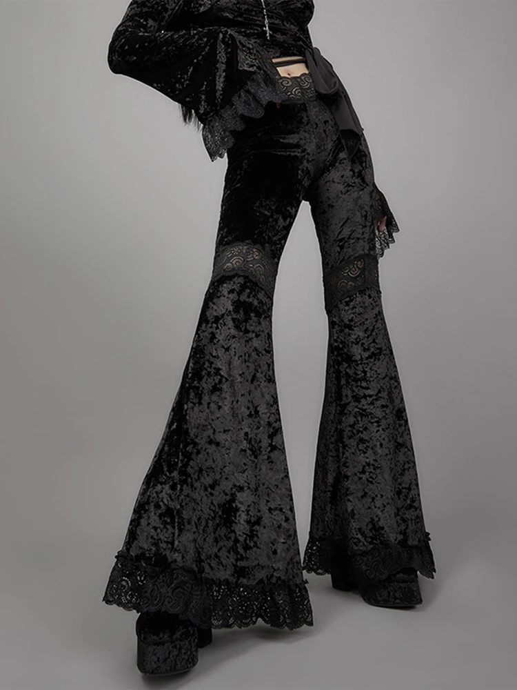 InsDoit Gothic Black Punk Pants Women Streetwear Grunge Trousers Vintage Harajuku Patchwork Lace Pants Velvet High Waist Pants