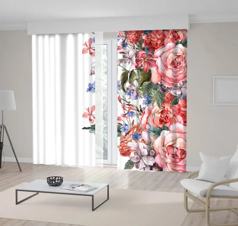

Curtain Blooming Roses Hyacinths and Wild Flowers Summer Flower Garden Vintage Style Romantic Art Pink Green Blue
