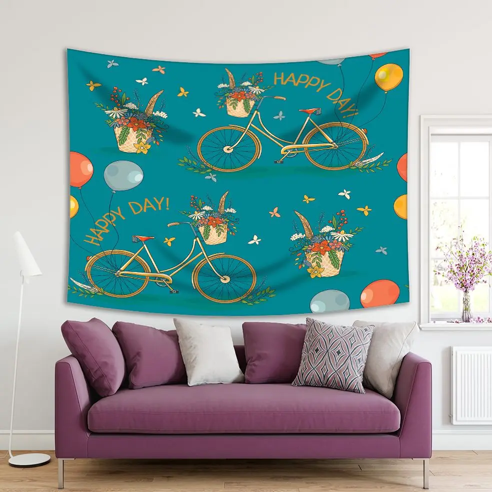 

Tapestry Colorful Fun Art with Bicycles Basket Colorful Flowers Wheels Balloons Butterflies in Blue Green Yellow Printed