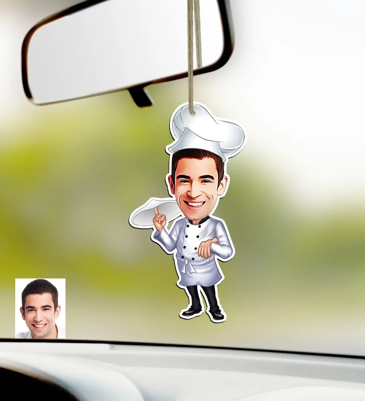 

Personalized Men Chef Caricature Of Wood Car Rearview Mirror Süsü-4