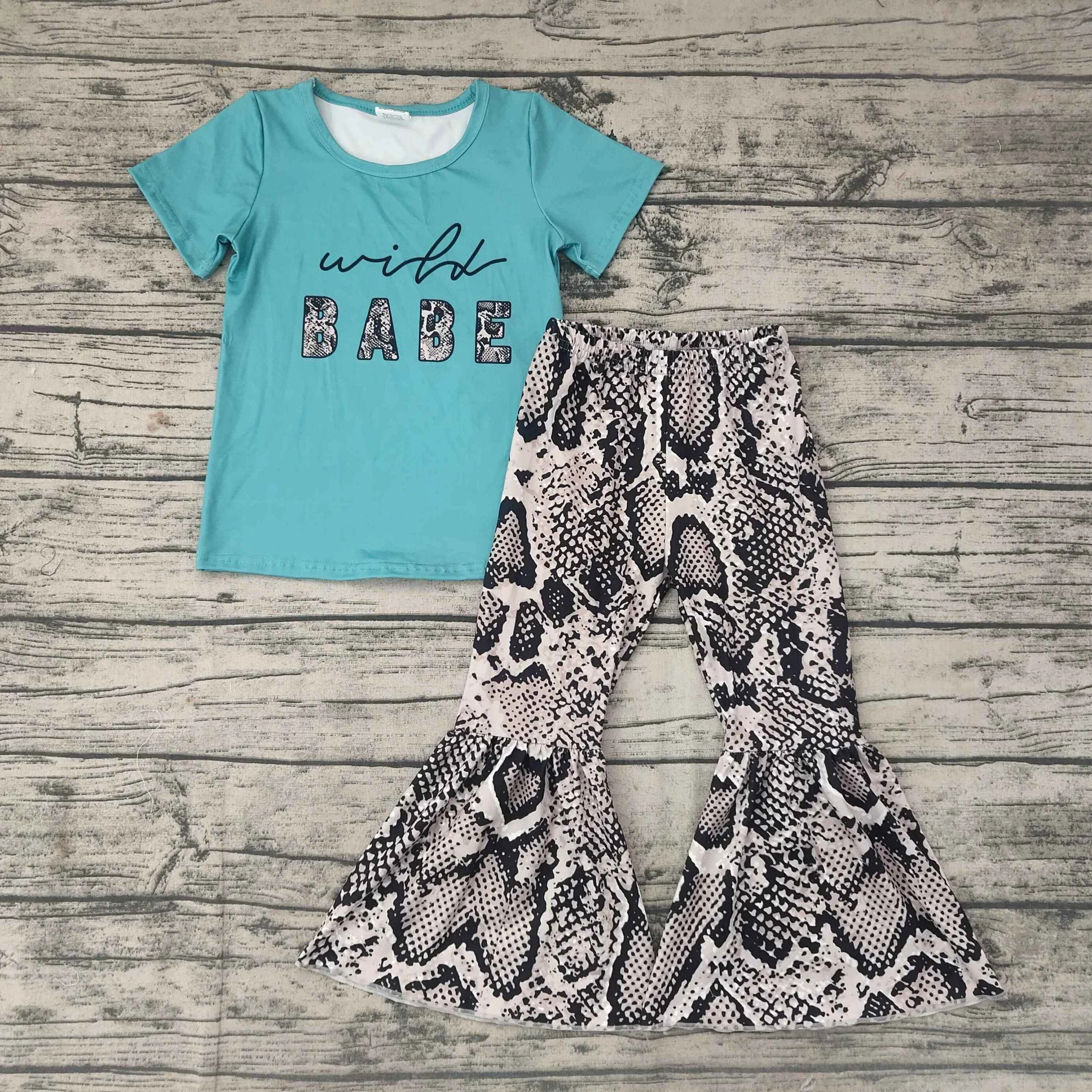 

Оптовая продажа, детская юбка с голубым верхом и змеиным принтом, дизайнерские штаны с колокольчиком для девочек, комплект одежды из 2 предм...