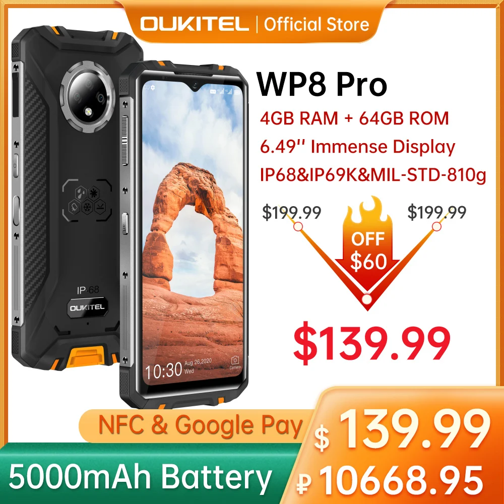 Смартфон OUKITEL WP8 Pro NFC Android 10 IP68 6 49 дюйма 4 + 64 ГБ 5000 мА · ч тройная камера 16