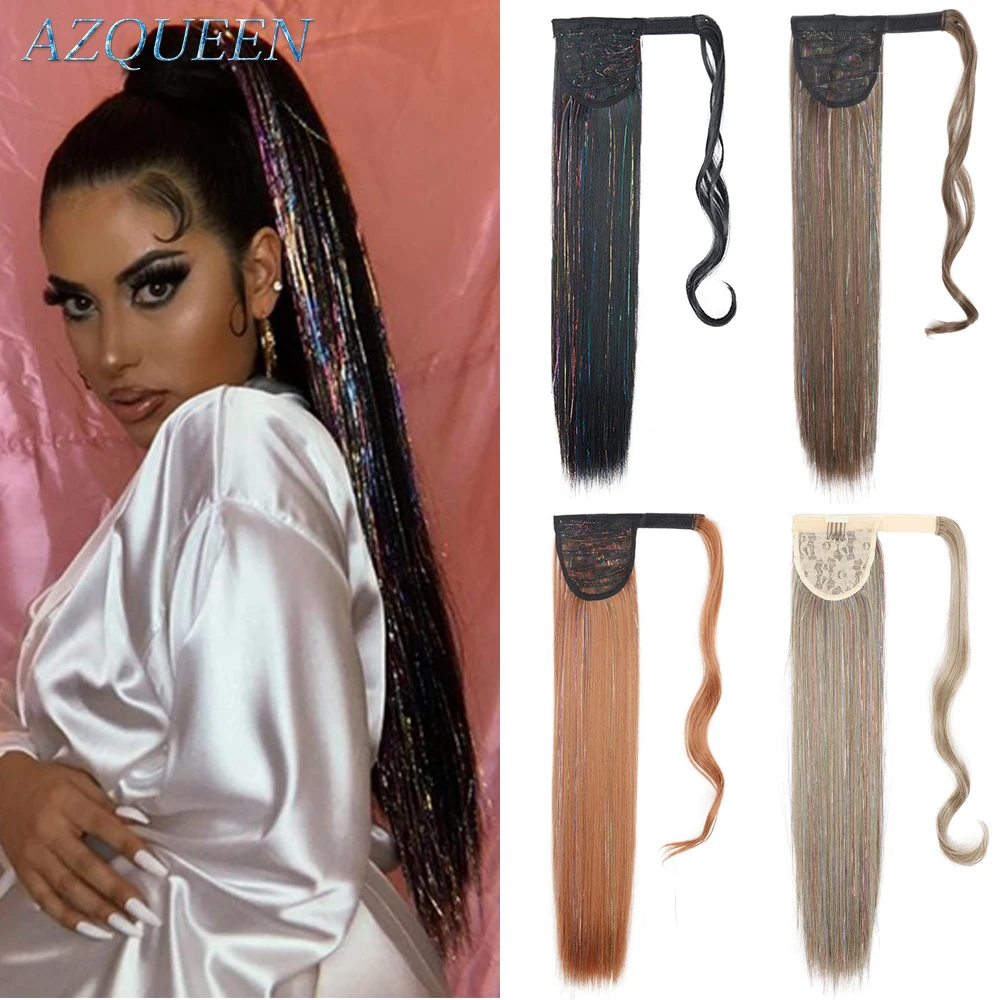 

AZQUEEN Synthetic Long Straight Ponytail Hairpiece Wrap on Clip Hair Extensions Brown Tinsel Laser Colored Fack Hair