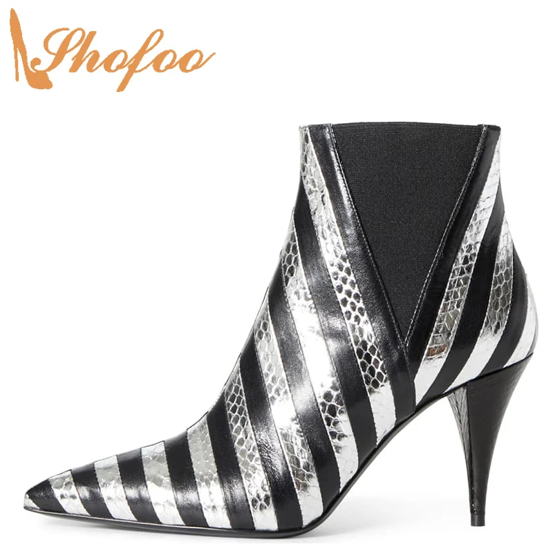 Женские ботинки из змеиной кожи цвет черный серебристый ботильоны Челси с острым