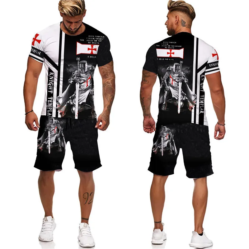 Knight Templar 3D Print Men's T-Shirt/Shorts/Suit Cool Short Sleeve Retro Style Streetwear Two Piece Set Summer Tracksuit Outfit