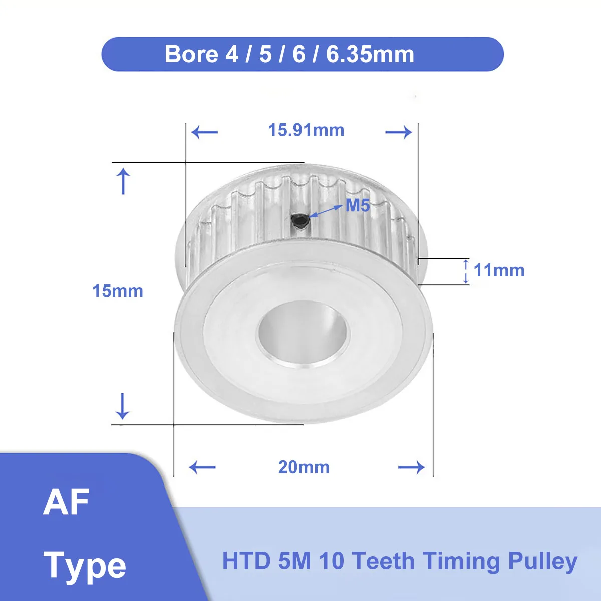 

HTD 5M 10 Teeth Timing Pulley Synchronus Wheel Bore 4/5/6/6.35mm Aluminium Idler Pulley 5M-10T 11mm Width for HTD5M Timing Belt