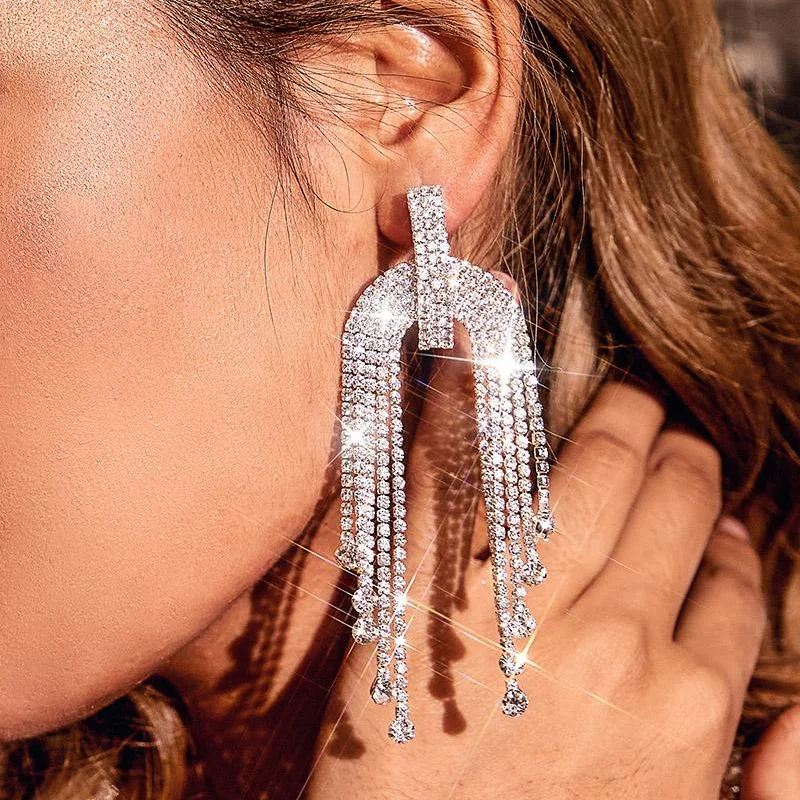 Stonefans Fashion Long Tassel Rhinestone Dangle Earrings for Women Luxury Shiny Crystal Drop Earrings Jewelry Party Accessories
