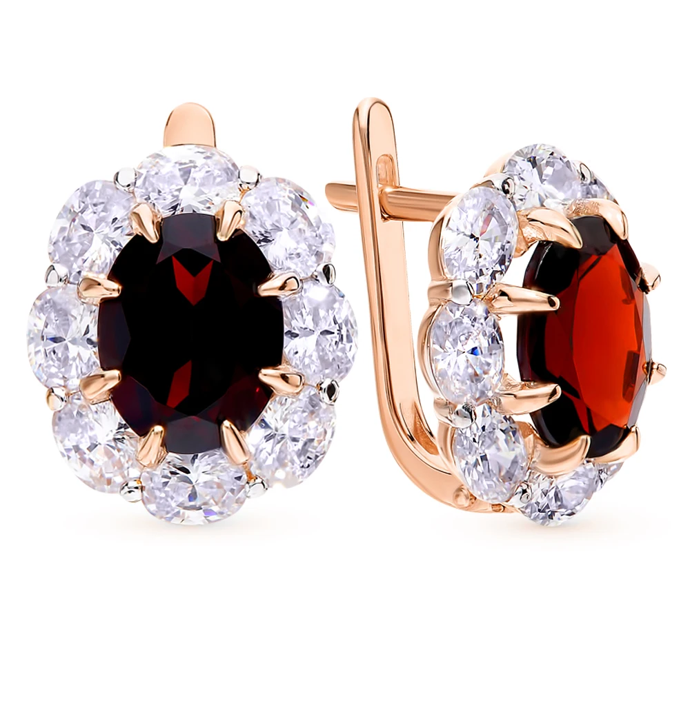 Золотые серьги с фианитами и гранатом SUNLIGHT проба 585|Серьги-клипсы| |