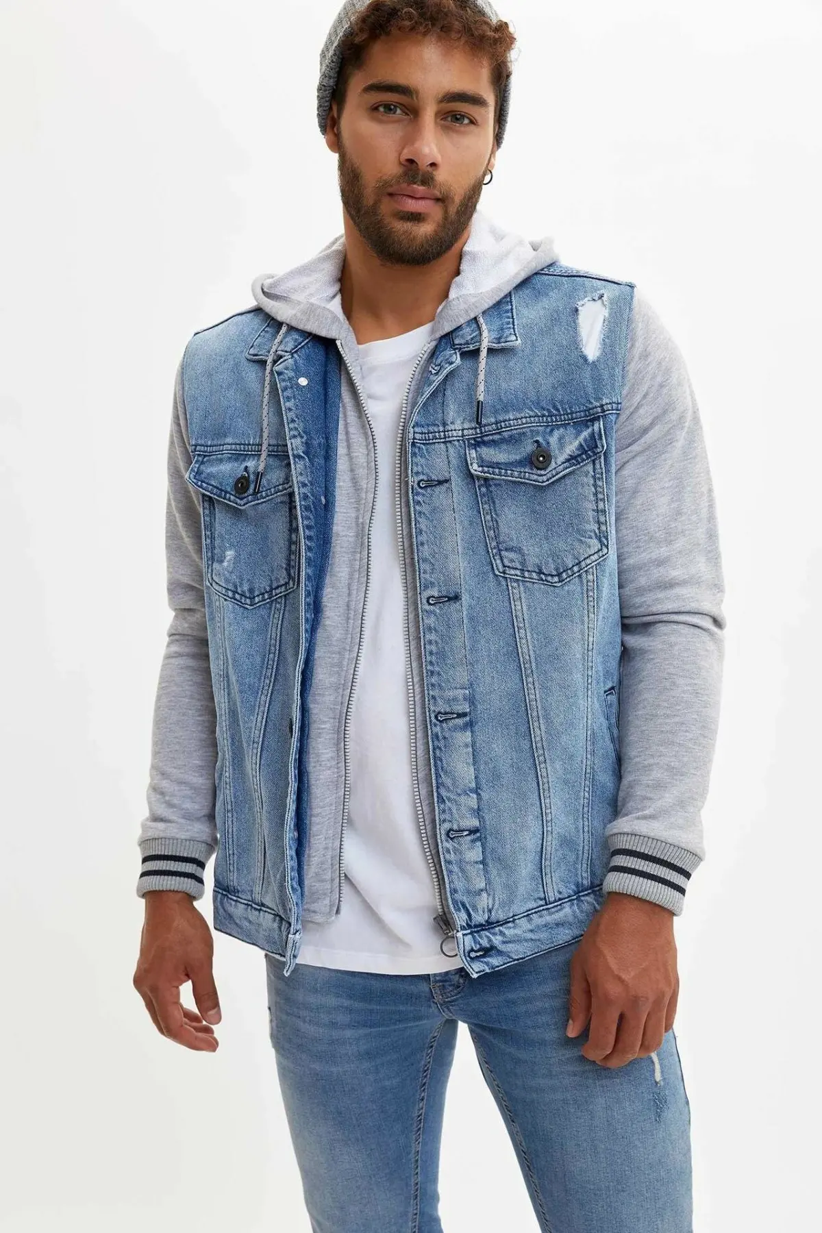 DeFacto мужские синие однотонные джинсовые худи короткая куртка повседневная