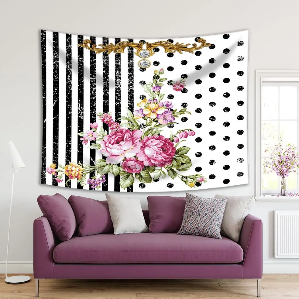 

Tapestry Flowers Bouquet Polka Dots Stripes Aged Look Floral Decorative Art Pink Green Yellow Black White