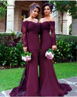2021 burgundy long sleeves mermaid bridesmaid dresses lace appliques off the shoulder maid of honor gowns custom made formal eve