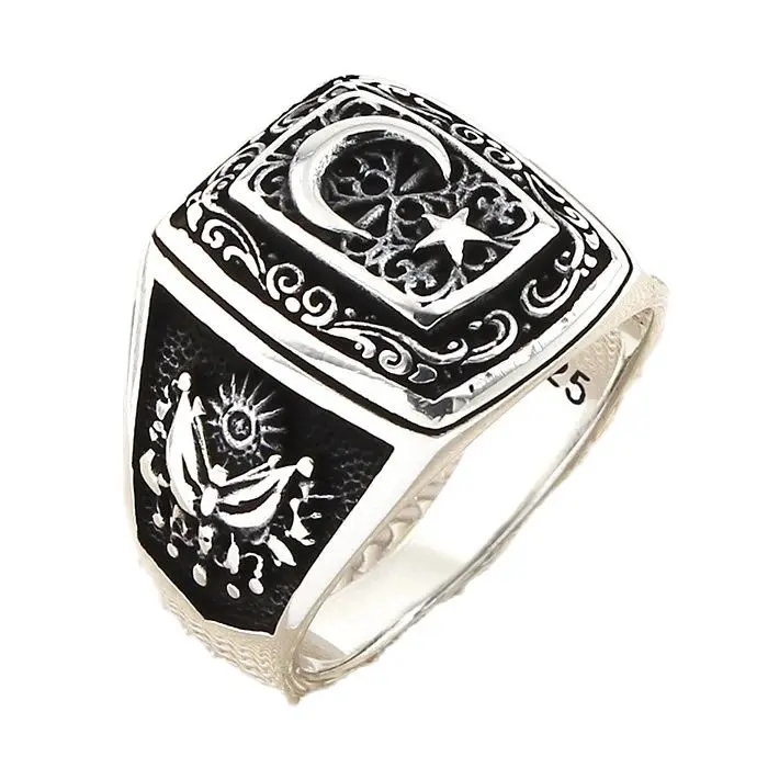 

Кольцо в виде полумесяца из стерлингового серебра со звездами, оттоманское кольцо в стиле герба, турецкие ювелирные изделия, мужское кольцо...