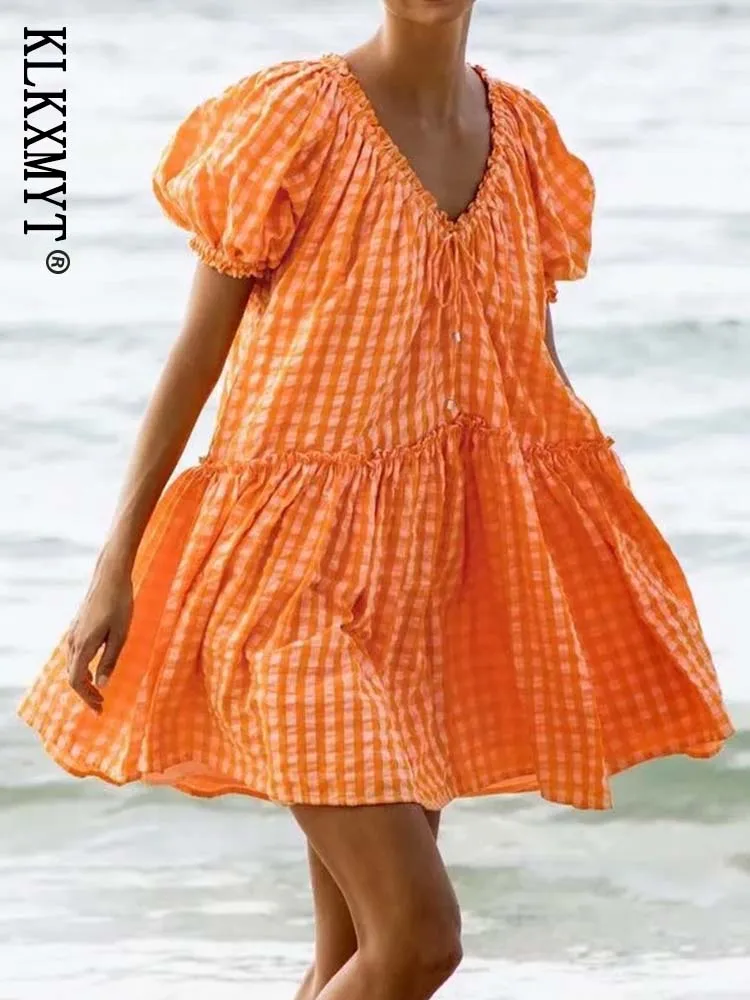 

Klkxmyt Summer Dress Women Traf Plaid Print Dress 2022 Fashion Party Dresses For Woman Elegant Short Sleeve Mini Dresses