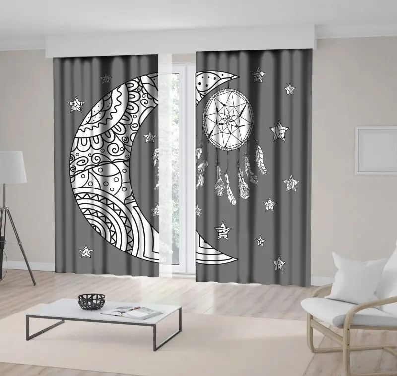 

Curtain Dreamcatcher Half Moon Stars Night Sky Geometric Pattern Ethnic Boho Style Artwork Black White Gray