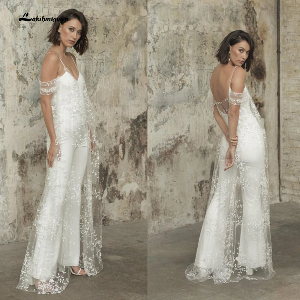 

Simple Jumpsuits Bridal Outfit With Jacket Beach Wedding Dresses Ankle Length Lace Reception Gowns Women Pant Suit