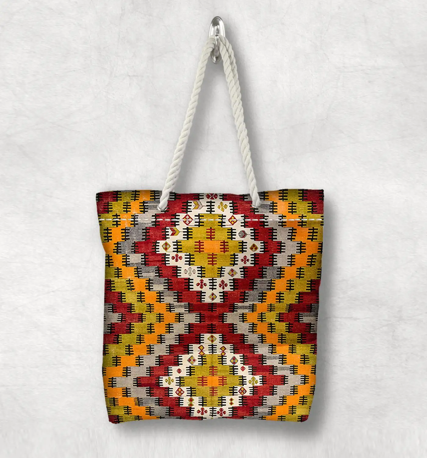 

Else Yellow Red Box Anatolia Antique Kilim Design White Rope Handle Canvas Bag Cotton Canvas Zippered Tote Bag Shoulder Bag