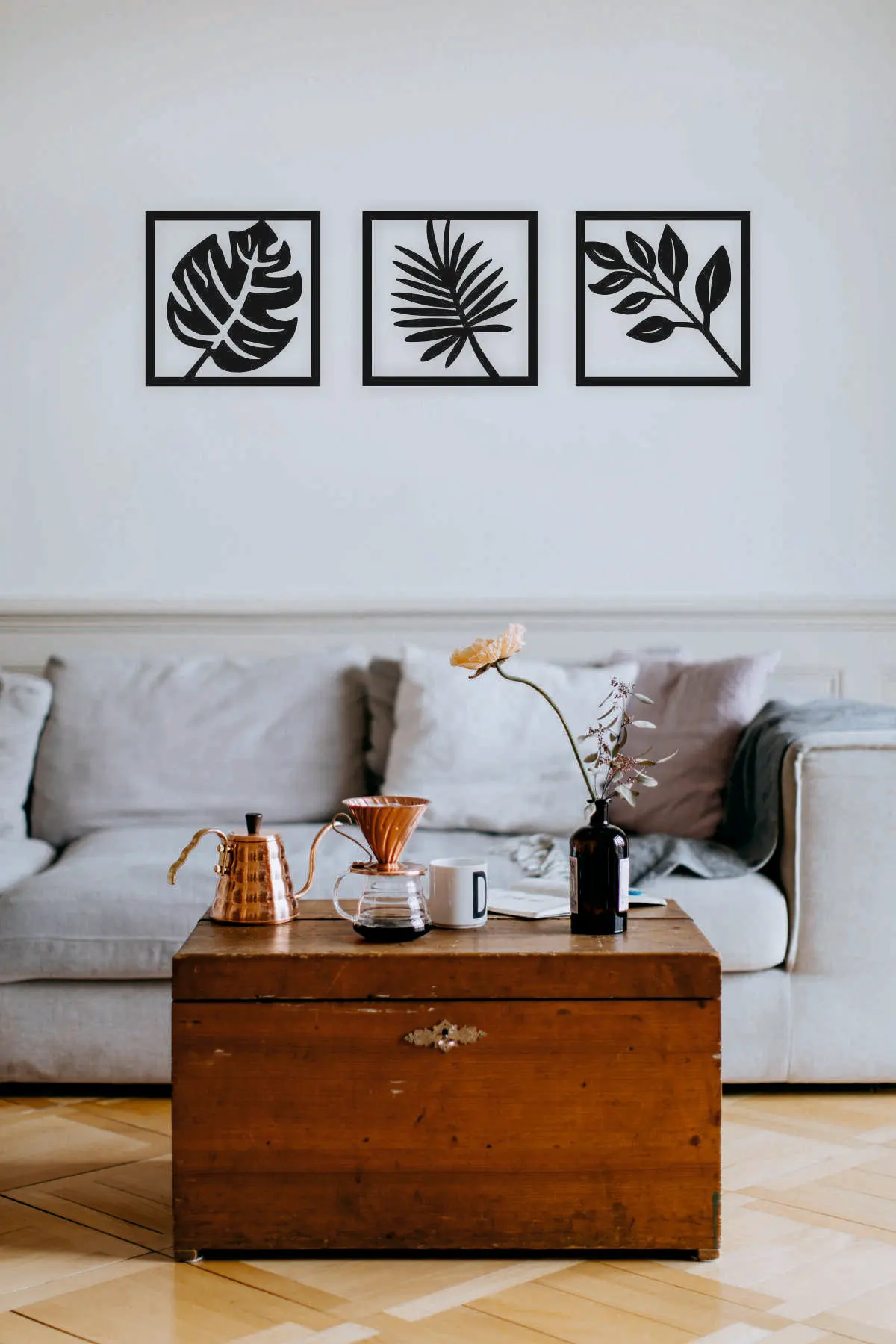 

3 Pcs Tropical Square Floral Wall Decor-Ornament, Wooden Decorative Table Black Color Laser Cut Modern Nature Desert Home Office
