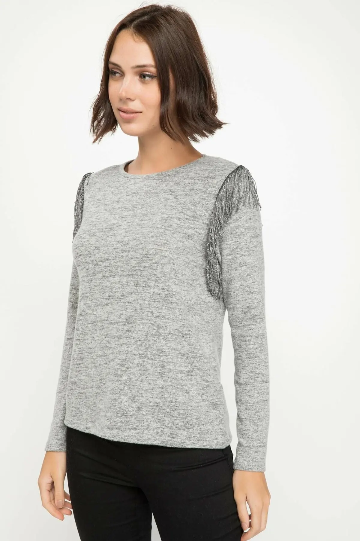 Дефакто модная женская футболка с круглым вырезом и длинными рукавами