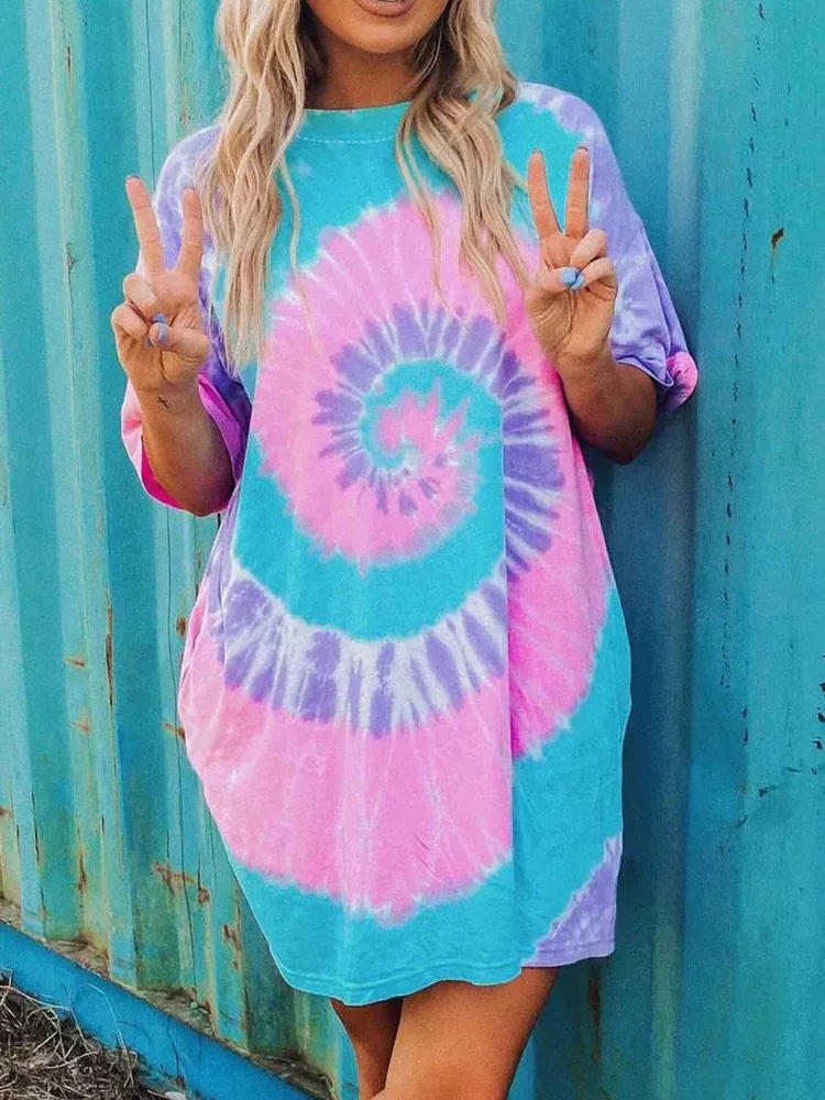 

New Summer Colorful Tie Dye 3D Printed Mini Dress Fashion Women Short Sleeve Dress Sexys Girls Boho Lady Loose Beachwear
