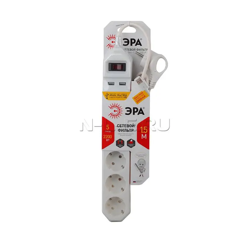 Сетевой фильтр ЭРА (белый) с заземл 3x0 75мм2 выкл 5гн+2USB 1.5м USF-5es-1.5m-USB-W | Электронные